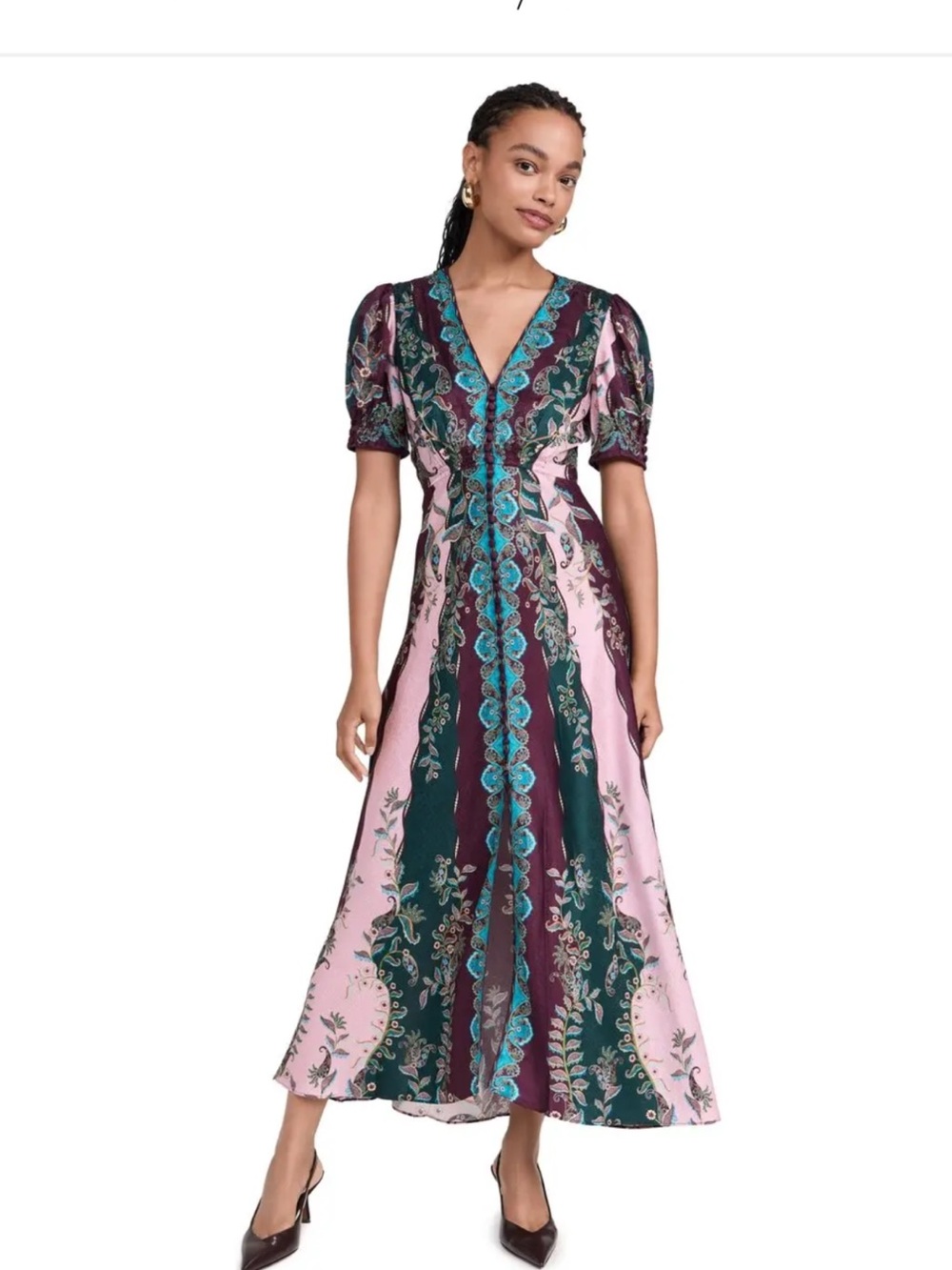 SALONI 100% Silk Pink, Teal & Burgundy V‑Neck Floral Panel Maxi Dress Size 10